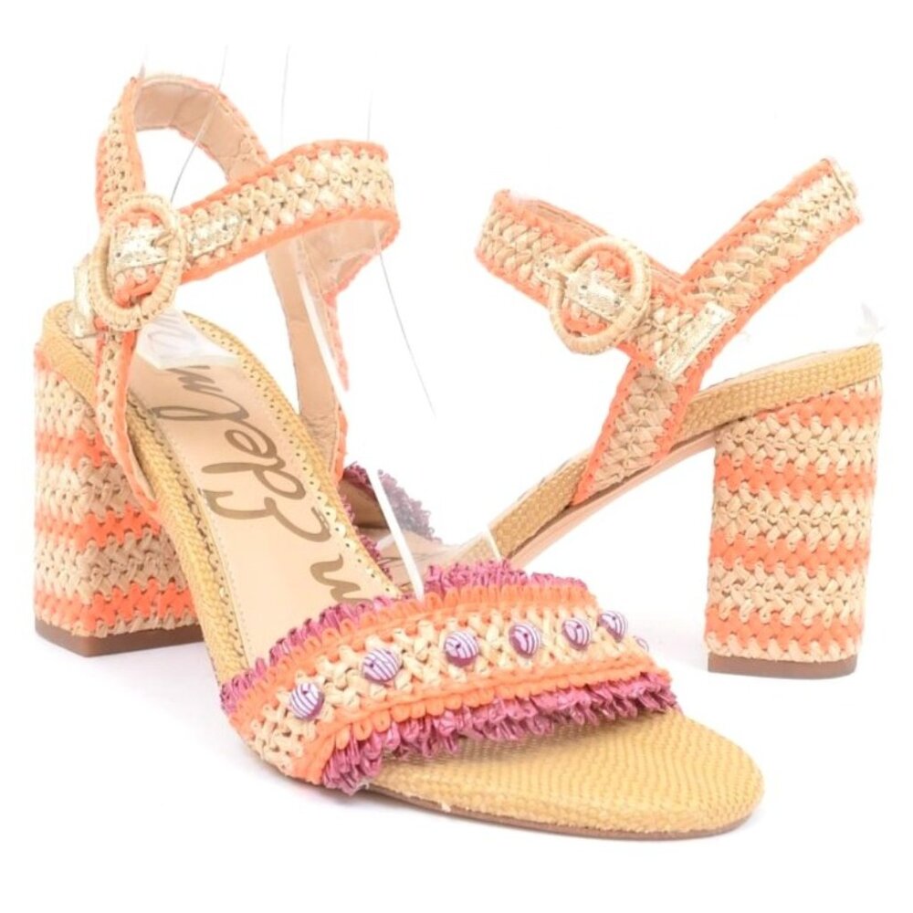 Sam Edelman Olisa Beaded Orange Raffia Chunky Heels Anklet Women's 8 Wide